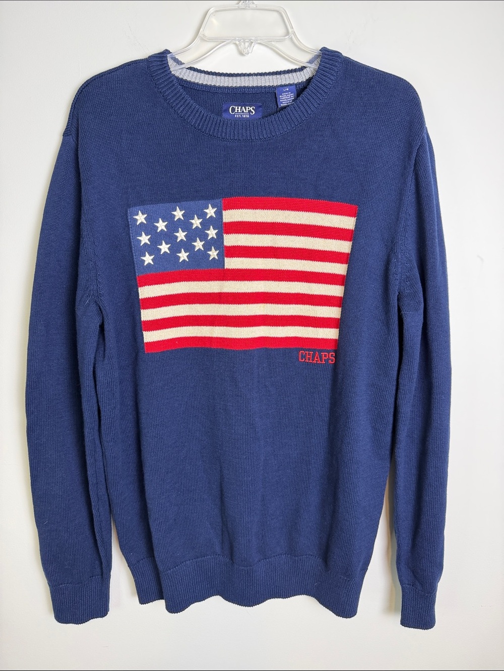 CHAPS Ralph Lauren Crewneck Sweater Embroidered Stars American Flag, Navy | Sz L